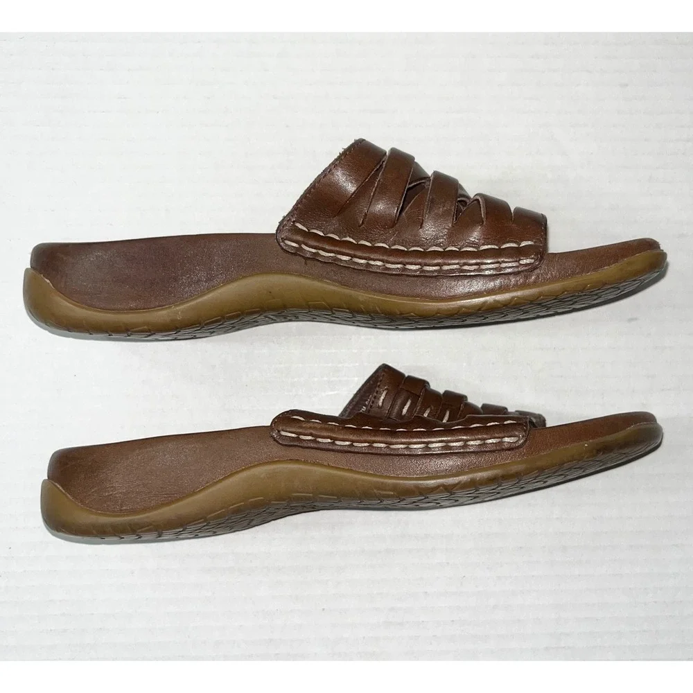 Clarks Woven Slide Sandals Womens 7M Brown Leather Slip On Woven Shoes Vacation